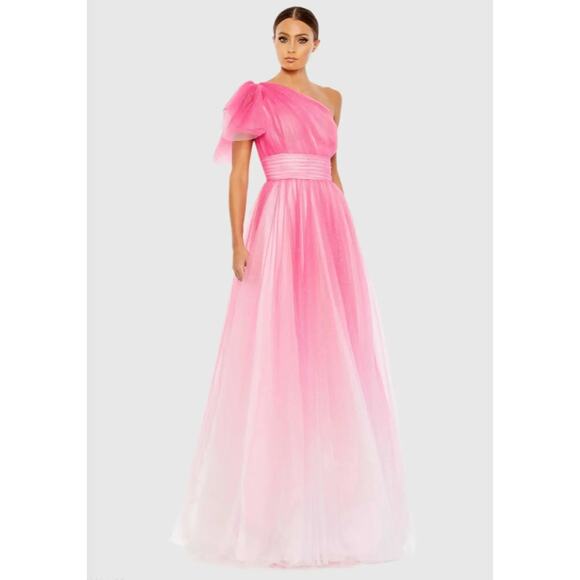 NWT MAC DUGGAL Pink Glitter Ombre Ruffled One Shoulder Ballgown - Picture 1 of 4